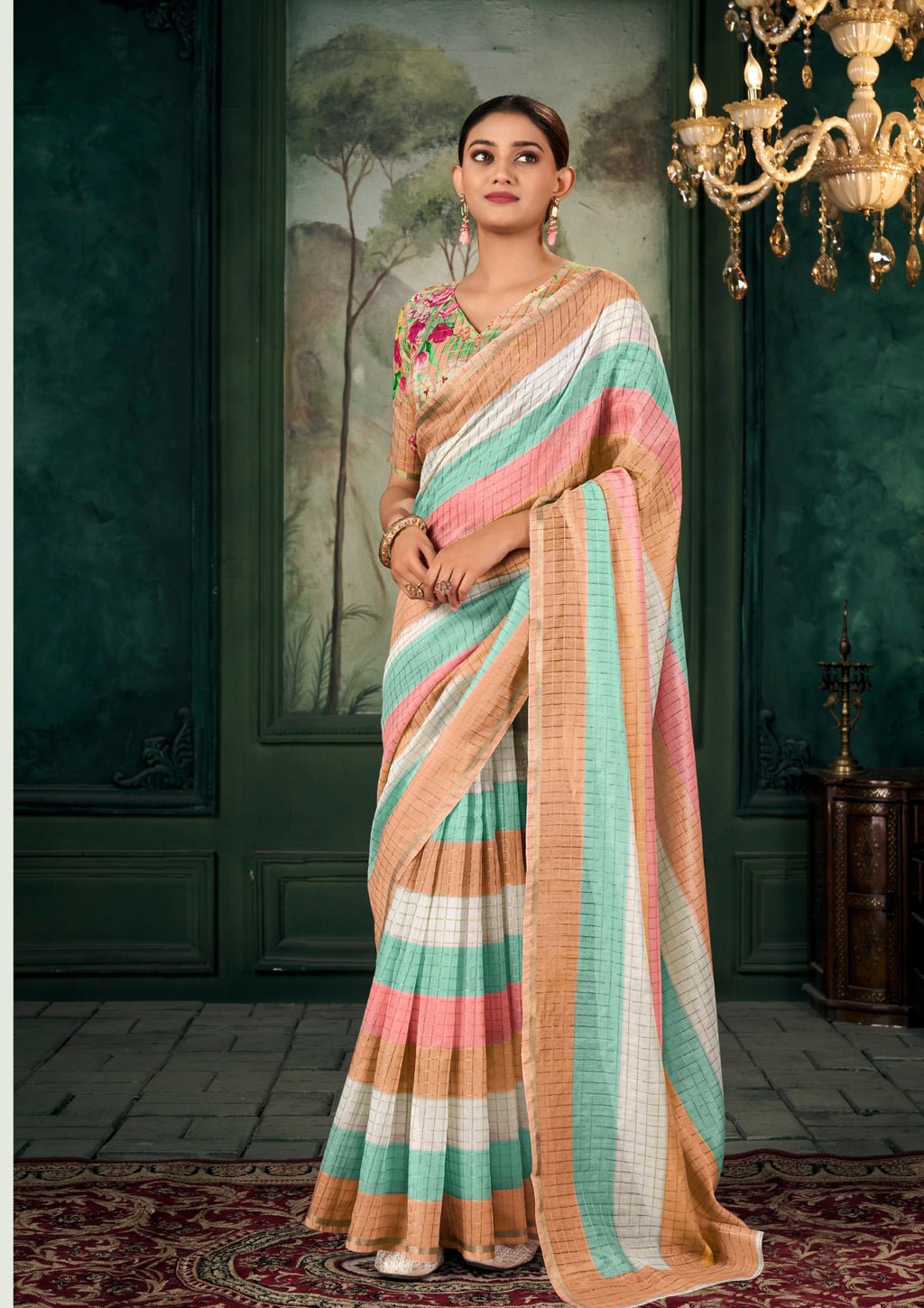 Soft Linen Multicolour Strips Peach Saree