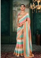 Soft Linen Multicolour Strips Peach Saree