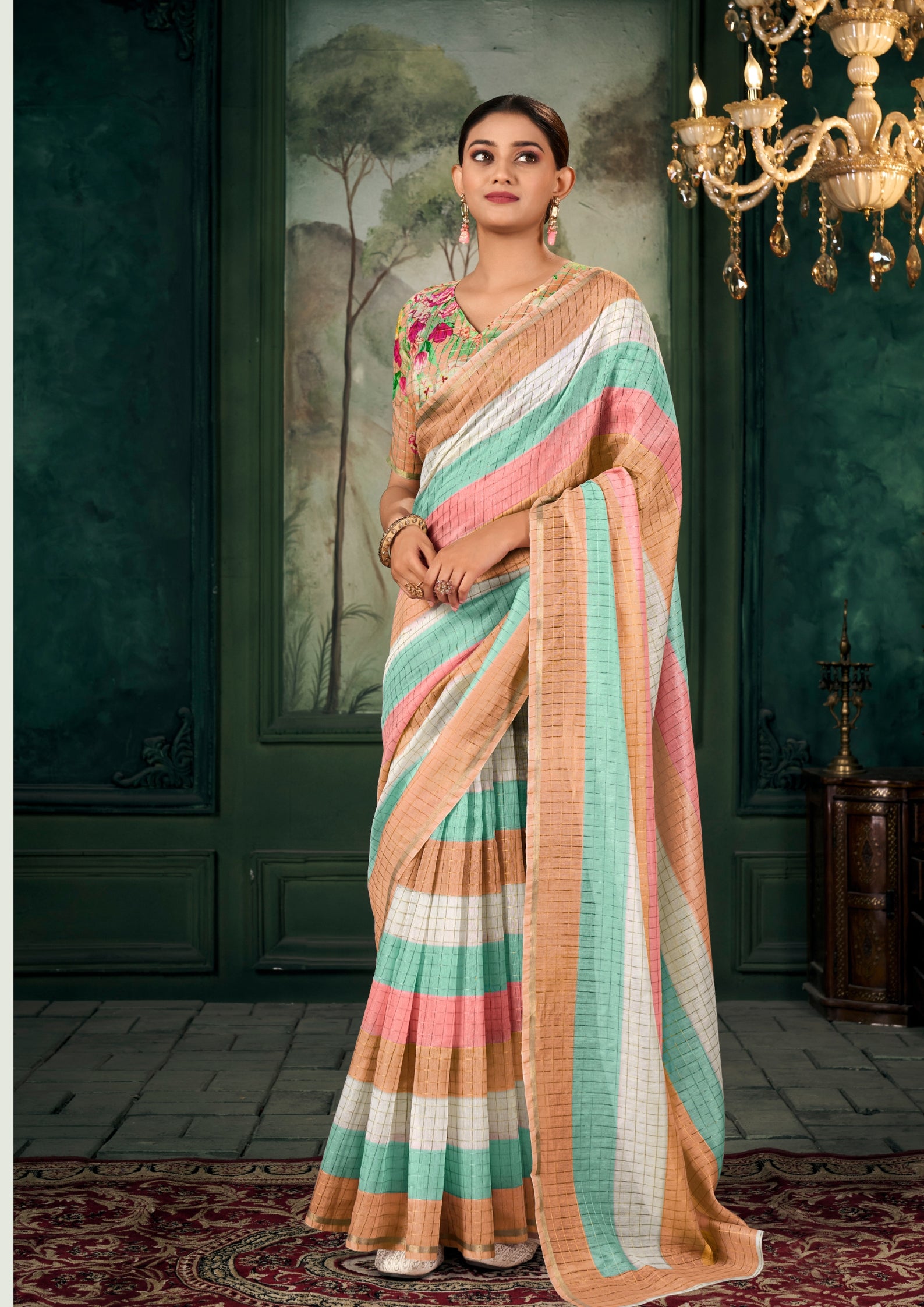 Soft Linen Multicolour Strips Peach Saree