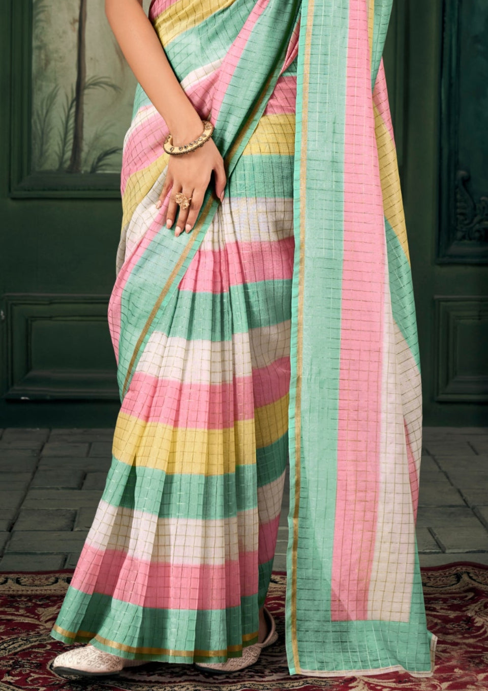 Soft Linen Multicolour Strips Mint Saree