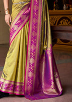 Kanjivaram Tissue Silk  Exotic Zari Work Pink Border Lime Green Saree