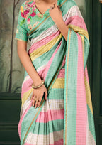 Soft Linen Multicolour Strips Mint Saree