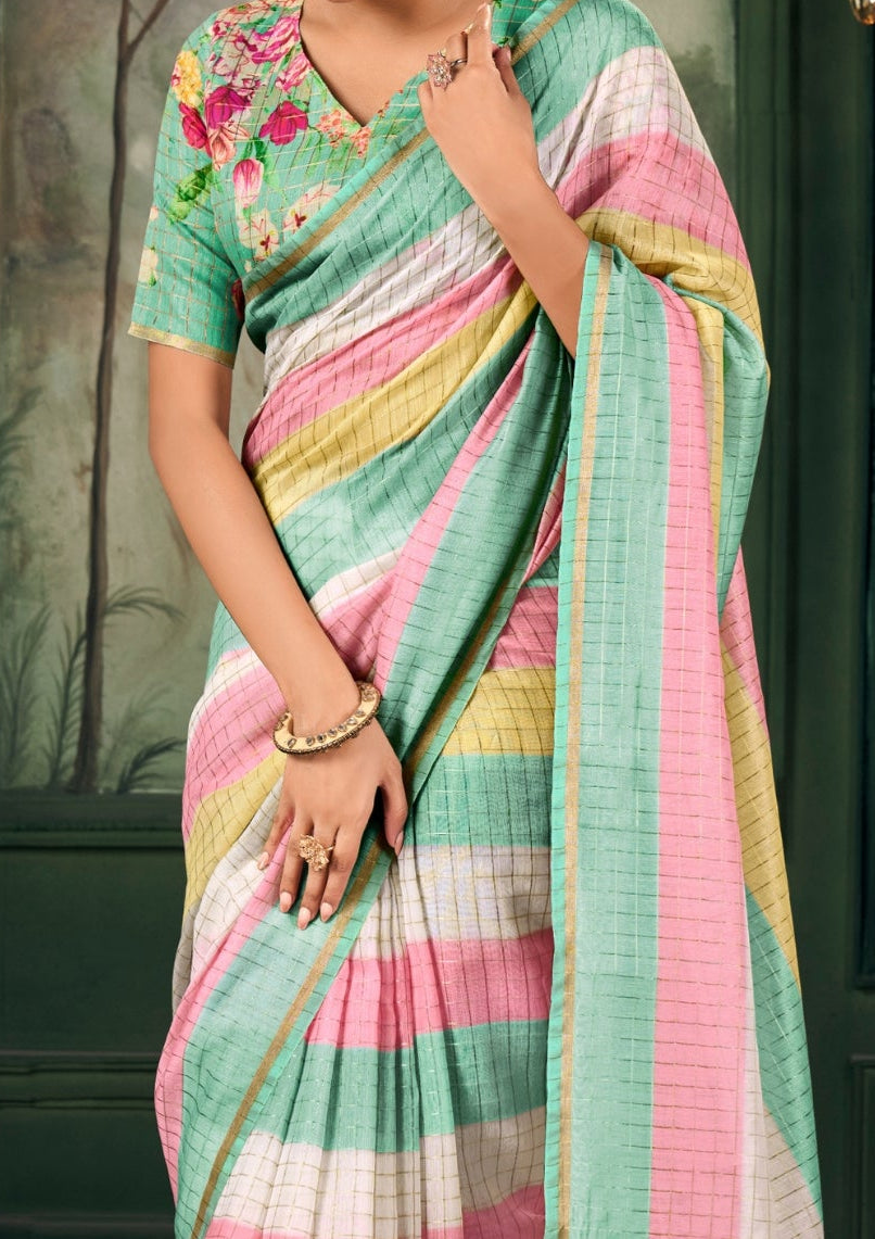 Soft Linen Multicolour Strips Mint Saree