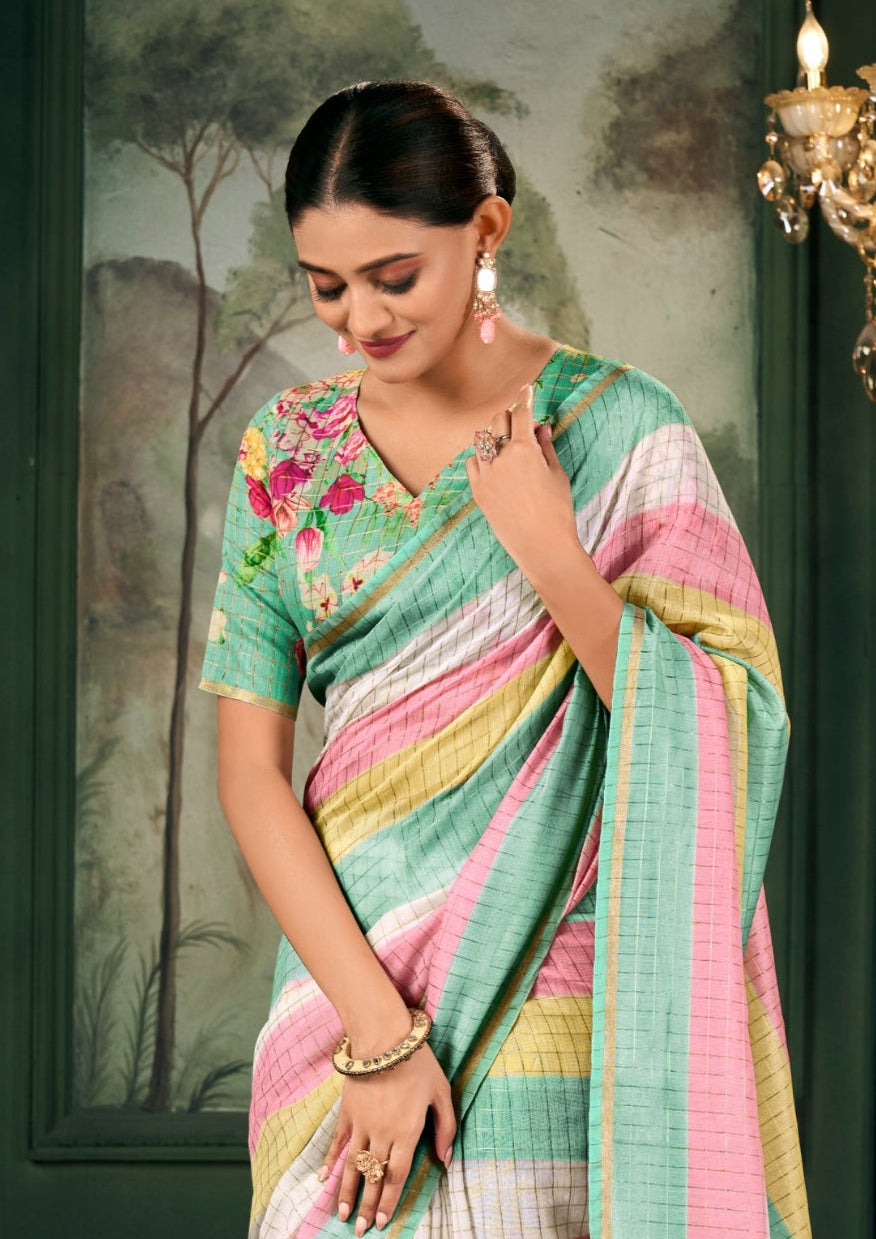Soft Linen Multicolour Strips Mint Saree