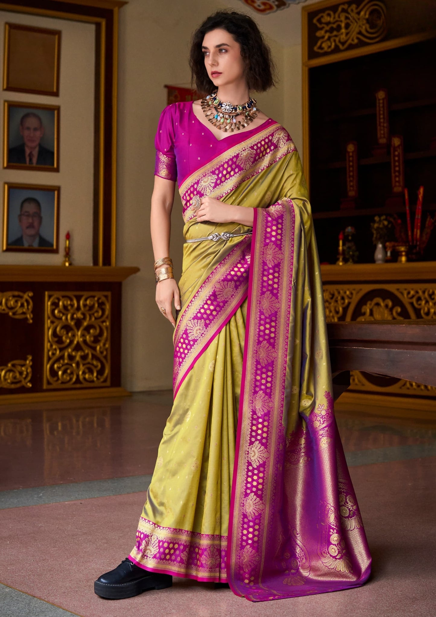 Kanjivaram Tissue Silk Exotic Zari Work Pink Border Lime Green Saree