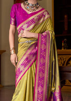 Kanjivaram Tissue Silk  Exotic Zari Work Pink Border Lime Green Saree