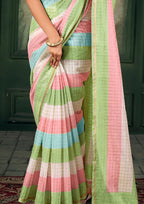 Soft Linen Multicolour Strips Pistachio Green Saree