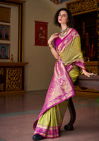 Kanjivaram Tissue Silk  Exotic Zari Work Pink Border Lime Green Saree