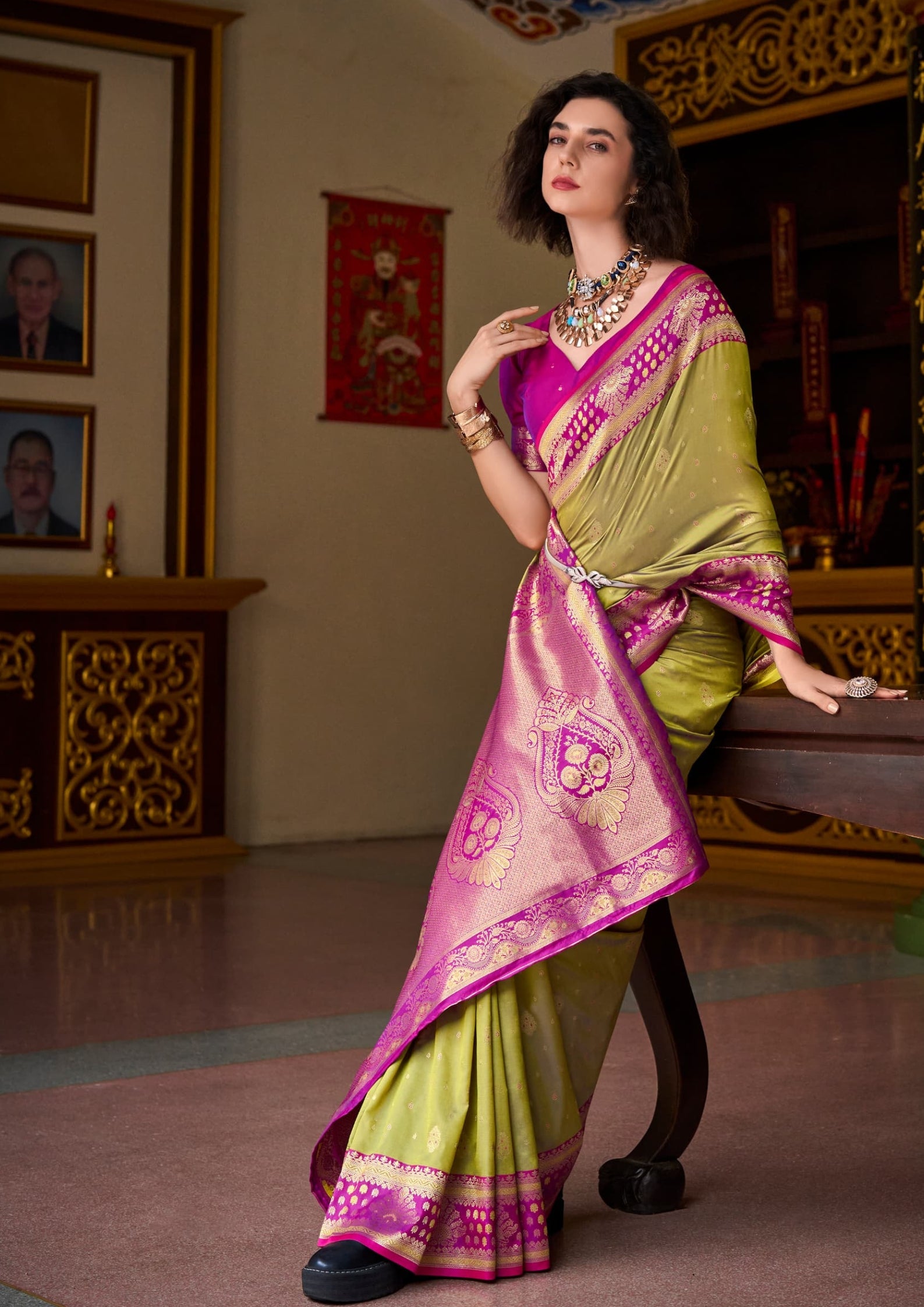 Kanjivaram Tissue Silk  Exotic Zari Work Pink Border Lime Green Saree