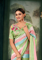 Soft Linen Multicolour Strips Pistachio Green Saree