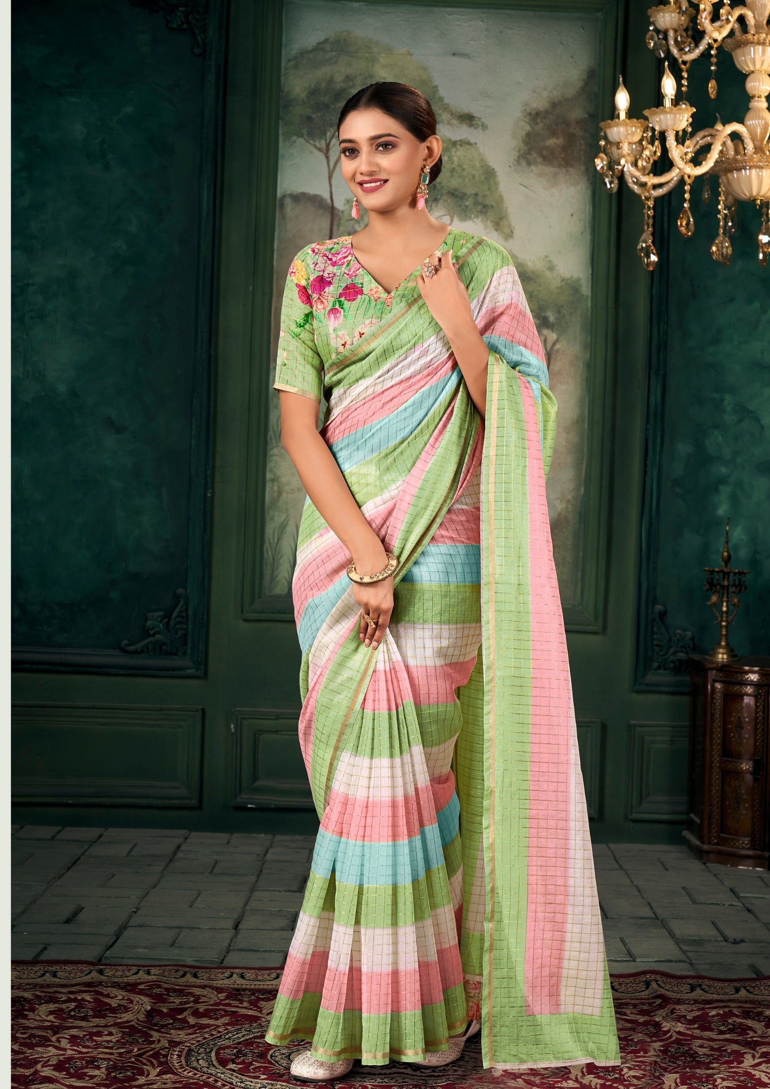 Soft Linen Multicolour Strips Pistachio Green Saree