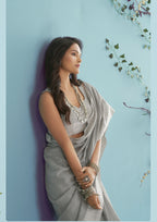Linen Silk With Chikankari Weaved Border Light Grey Saree