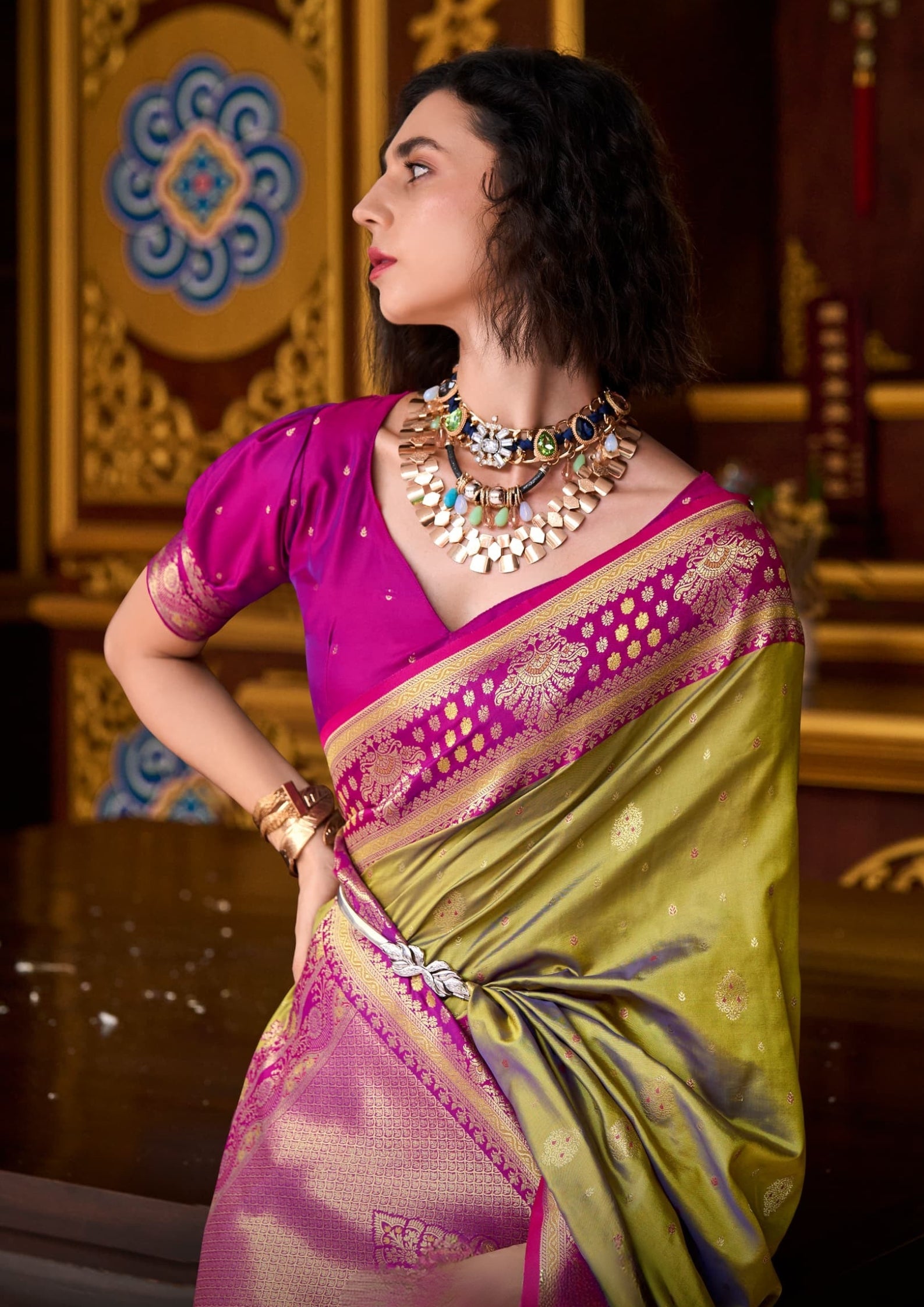 Kanjivaram Tissue Silk  Exotic Zari Work Pink Border Lime Green Saree