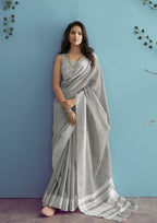 Linen Silk With Chikankari Weaved Border Light Grey Saree