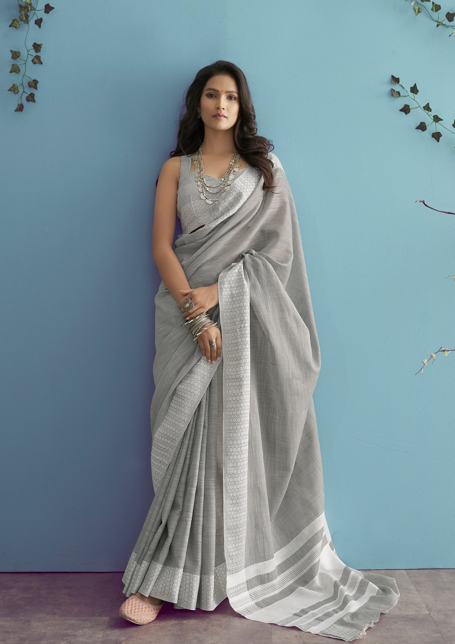 Linen Silk With Chikankari Weaved Border Light Grey Saree