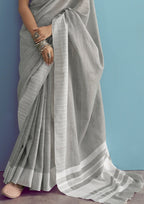 Linen Silk With Chikankari Weaved Border Light Grey Saree