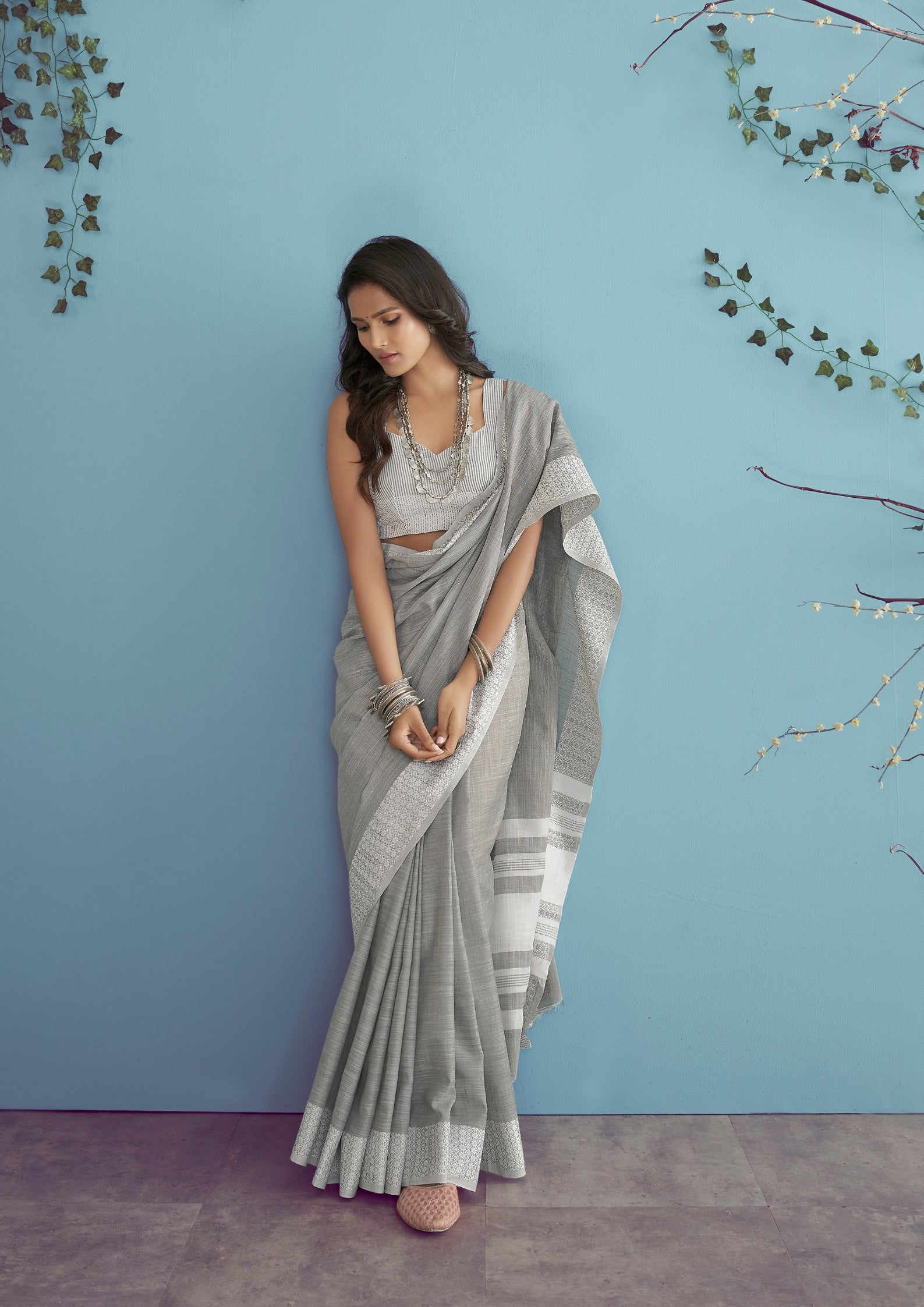 Linen Silk With Chikankari Weaved Border Light Grey Saree