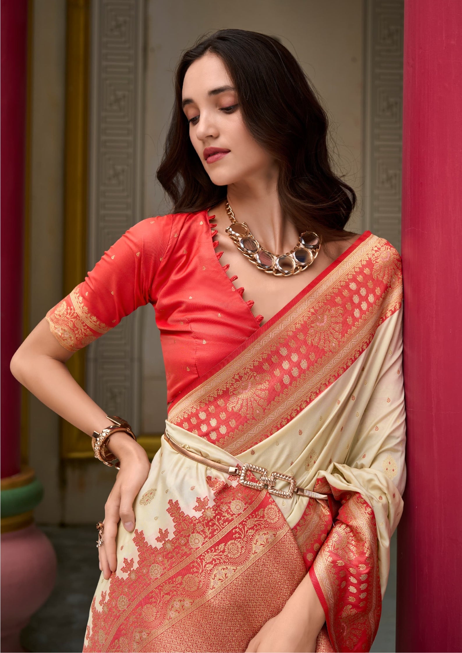 Kanjivaram Tissue Silk  Exotic Zari Work Red Border Off White Saree