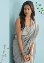 Linen Silk With Chikankari Weaved Border Light Grey Saree
