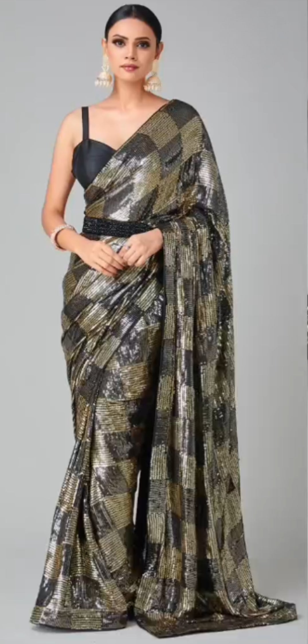 Black and Golden Sequin Embroidered Party wear Saree
