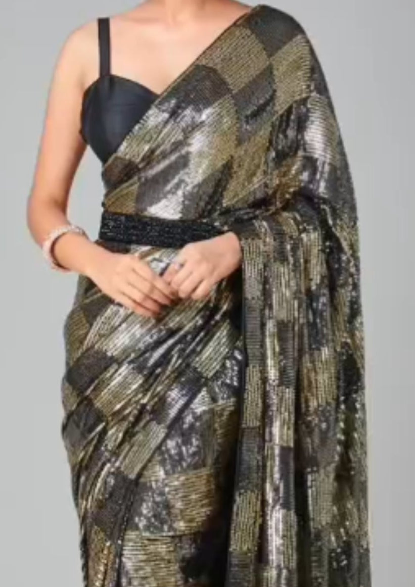 Black and Golden Sequin Embroidered Party wear Saree