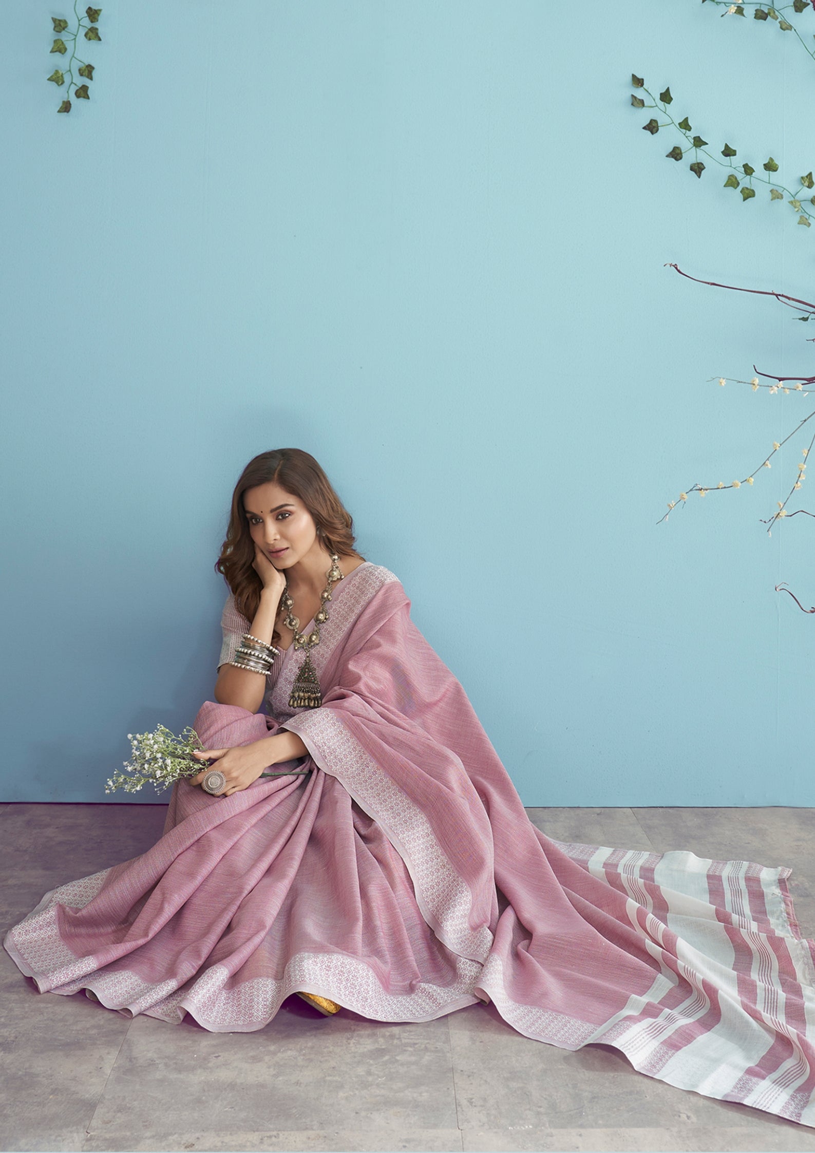 Linen Silk With Chikankari Weaved Border Rose Pink Saree