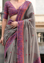 Soft Linen Cotton Muted Grey Saree with a Pink Border