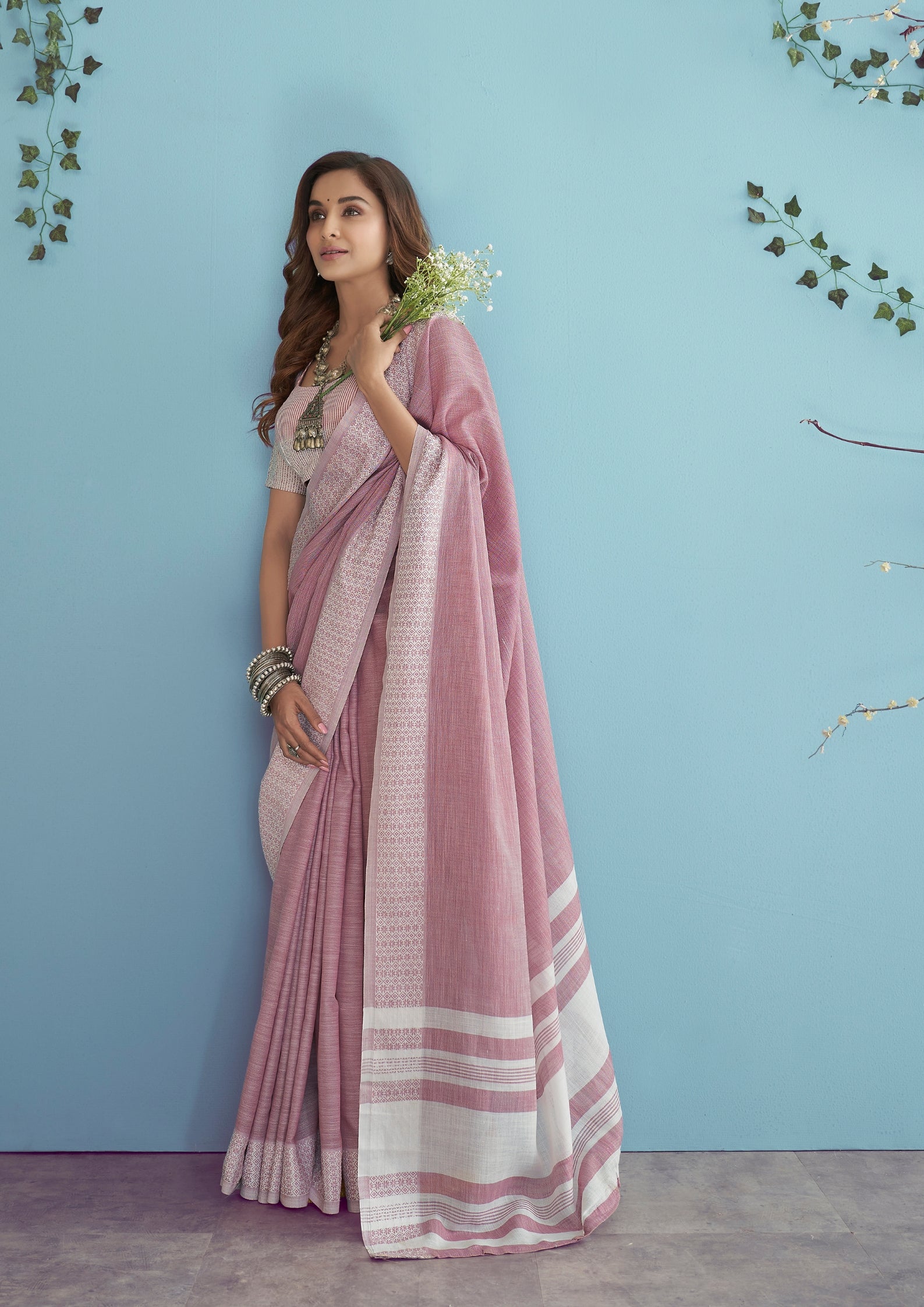Linen Silk With Chikankari Weaved Border Rose Pink Saree