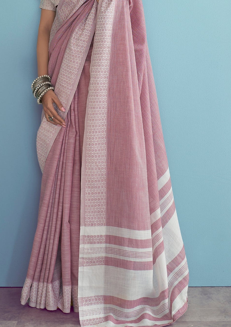Linen Silk With Chikankari Weaved Border Rose Pink Saree