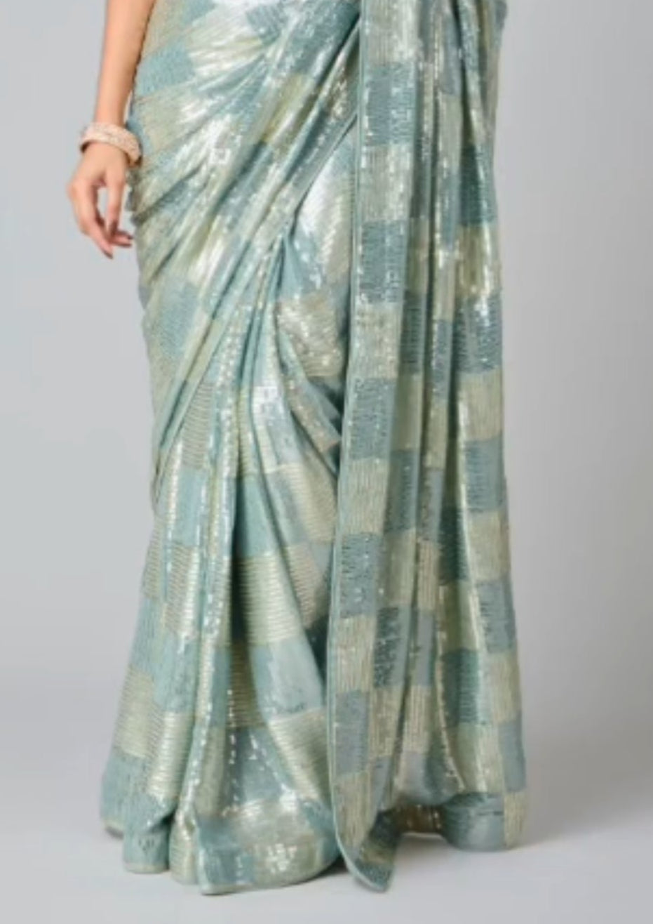 Turquoise Green Sequin Embroidered Party wear Saree