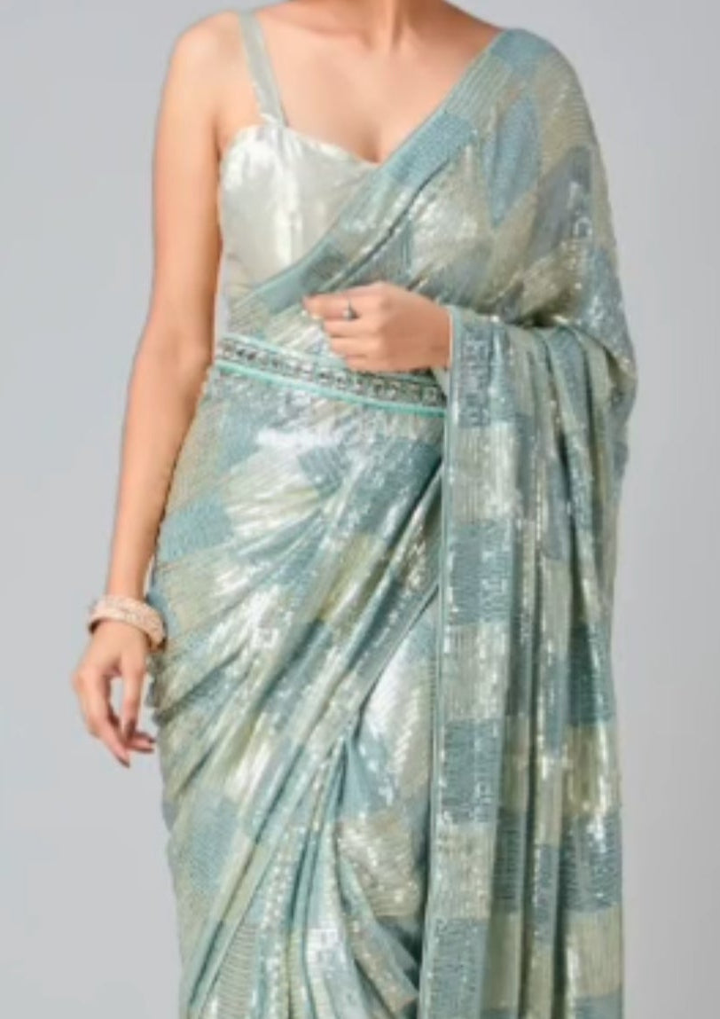 Turquoise Green Sequin Embroidered Party wear Saree