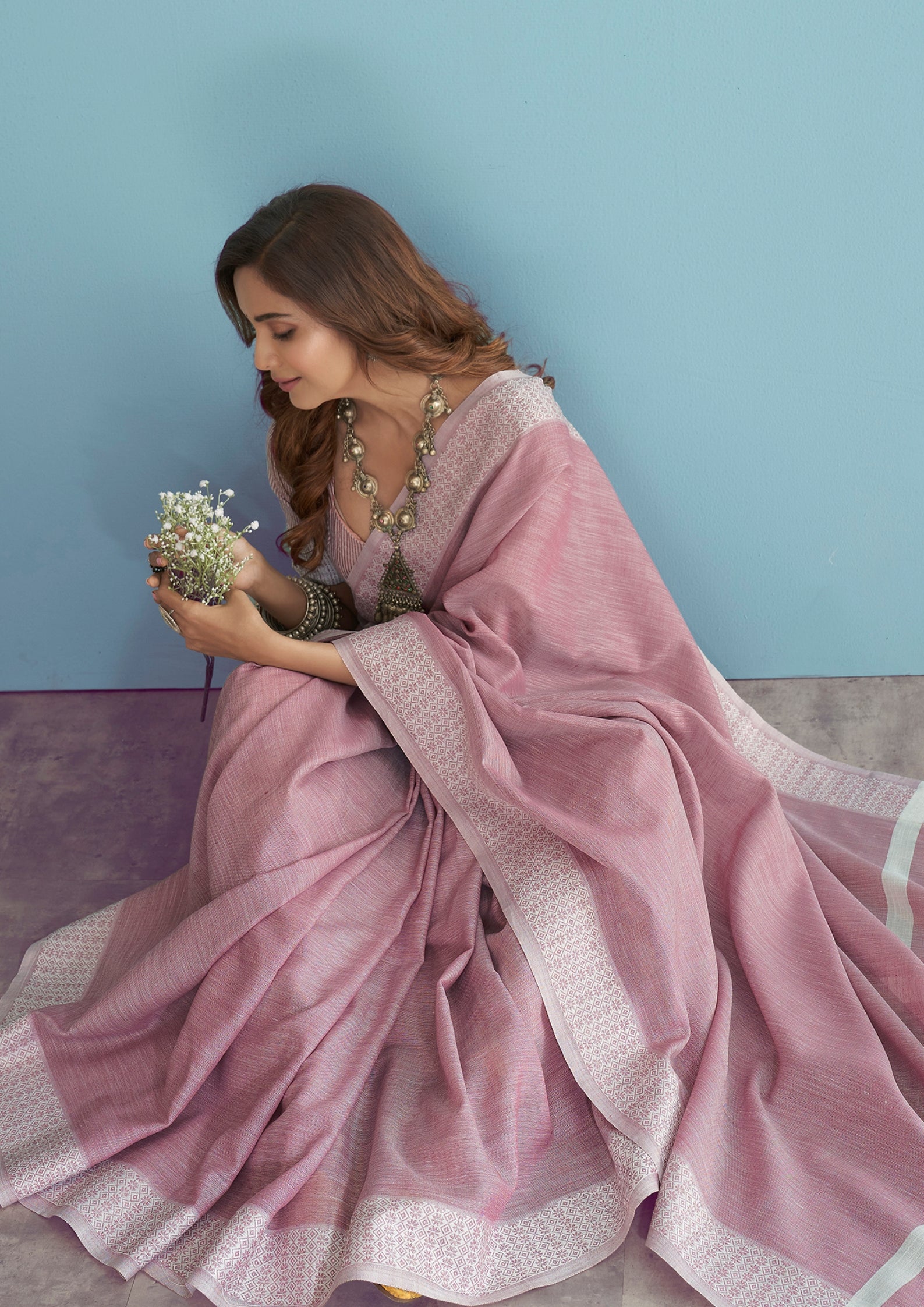 Linen Silk With Chikankari Weaved Border Rose Pink Saree