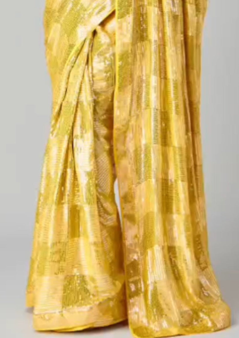 Yellow Sequin Embroidered Party wear Saree