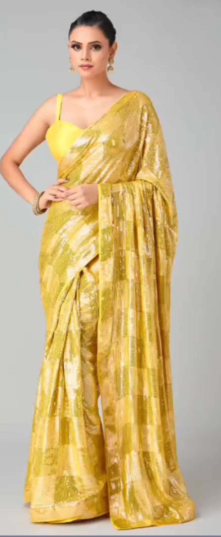 Yellow Sequin Embroidered Party wear Saree