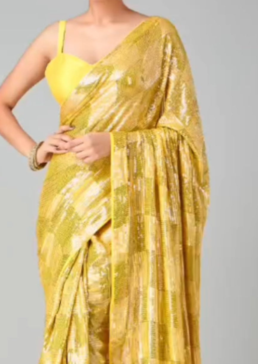 Yellow Sequin Embroidered Party wear Saree