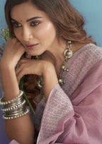 Linen Silk With Chikankari Weaved Border Rose Pink Saree