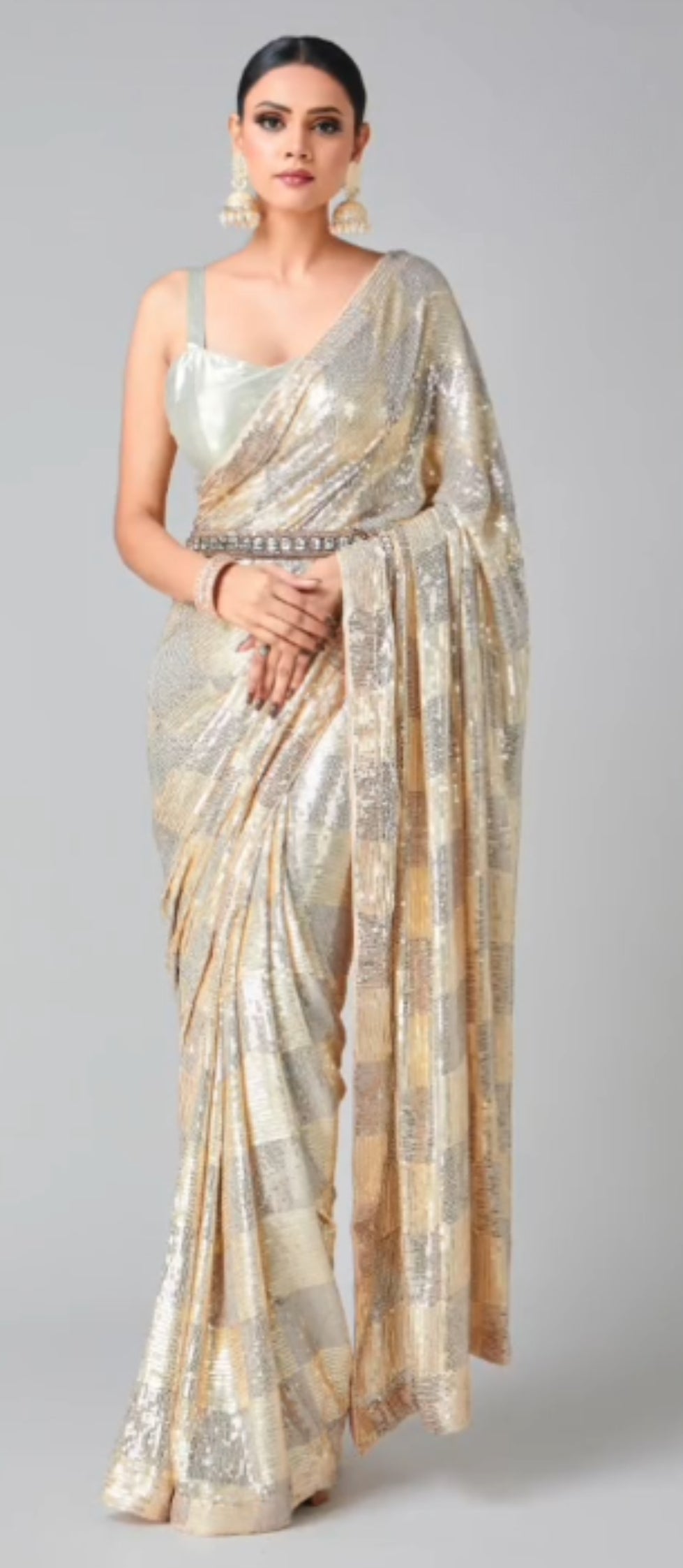 Off White Sequin Embroidered Party wear Saree