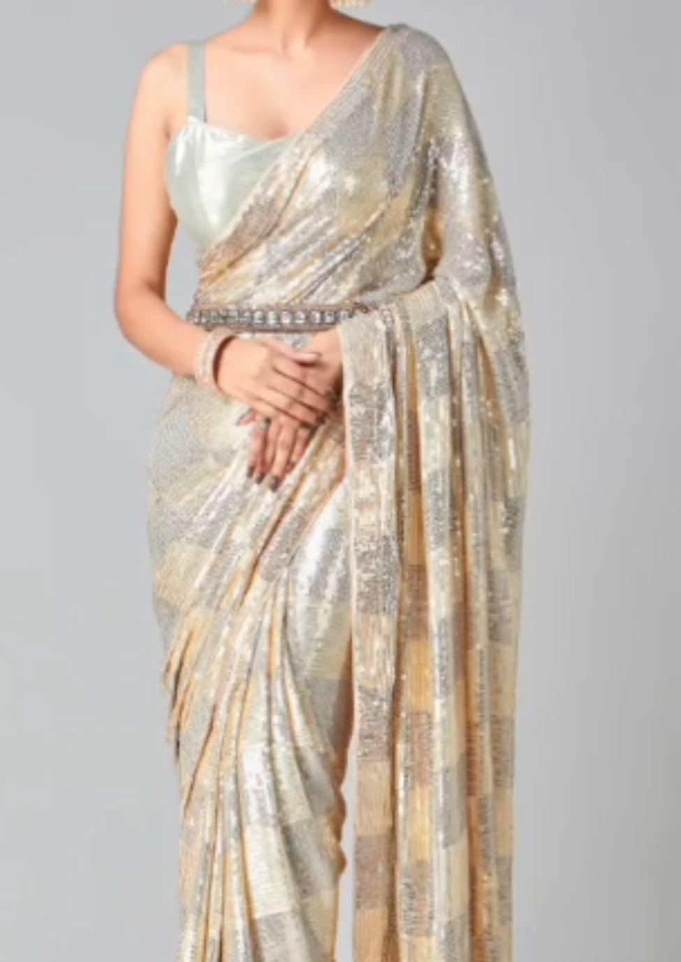 Off White Sequin Embroidered Party wear Saree