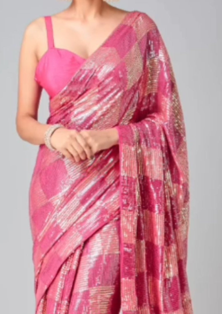 Royal Pink Sequin Embroidered Party wear Saree