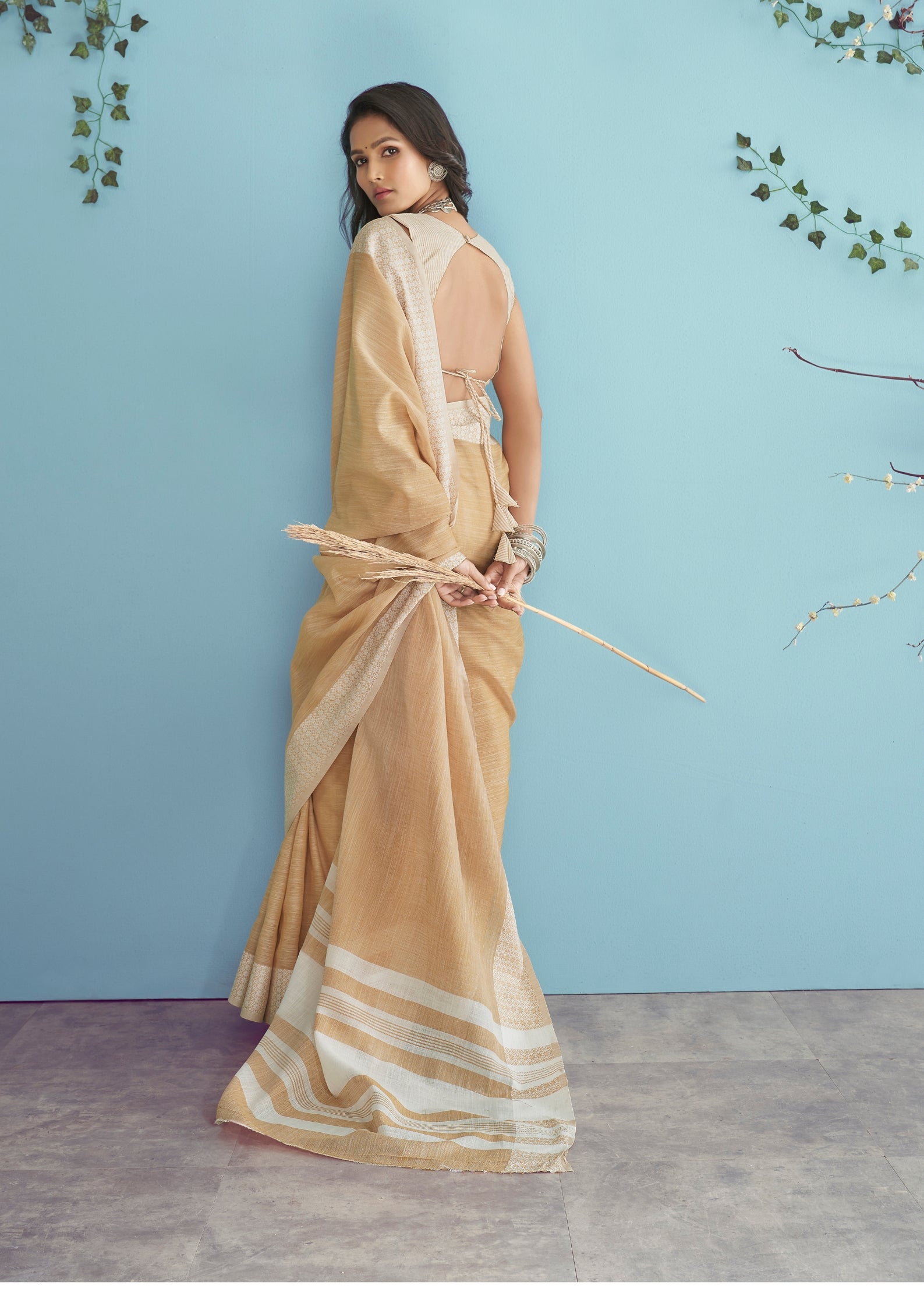Linen Silk With Chikankari Weaved Border Mustard Yellow Saree