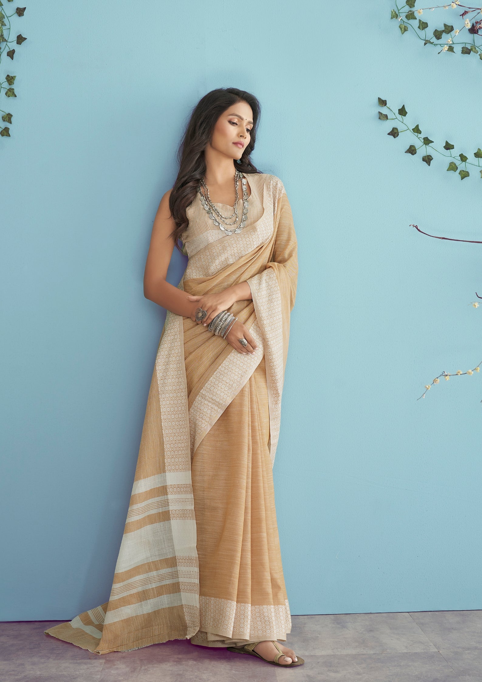 Linen Silk With Chikankari Weaved Border Mustard Yellow Saree