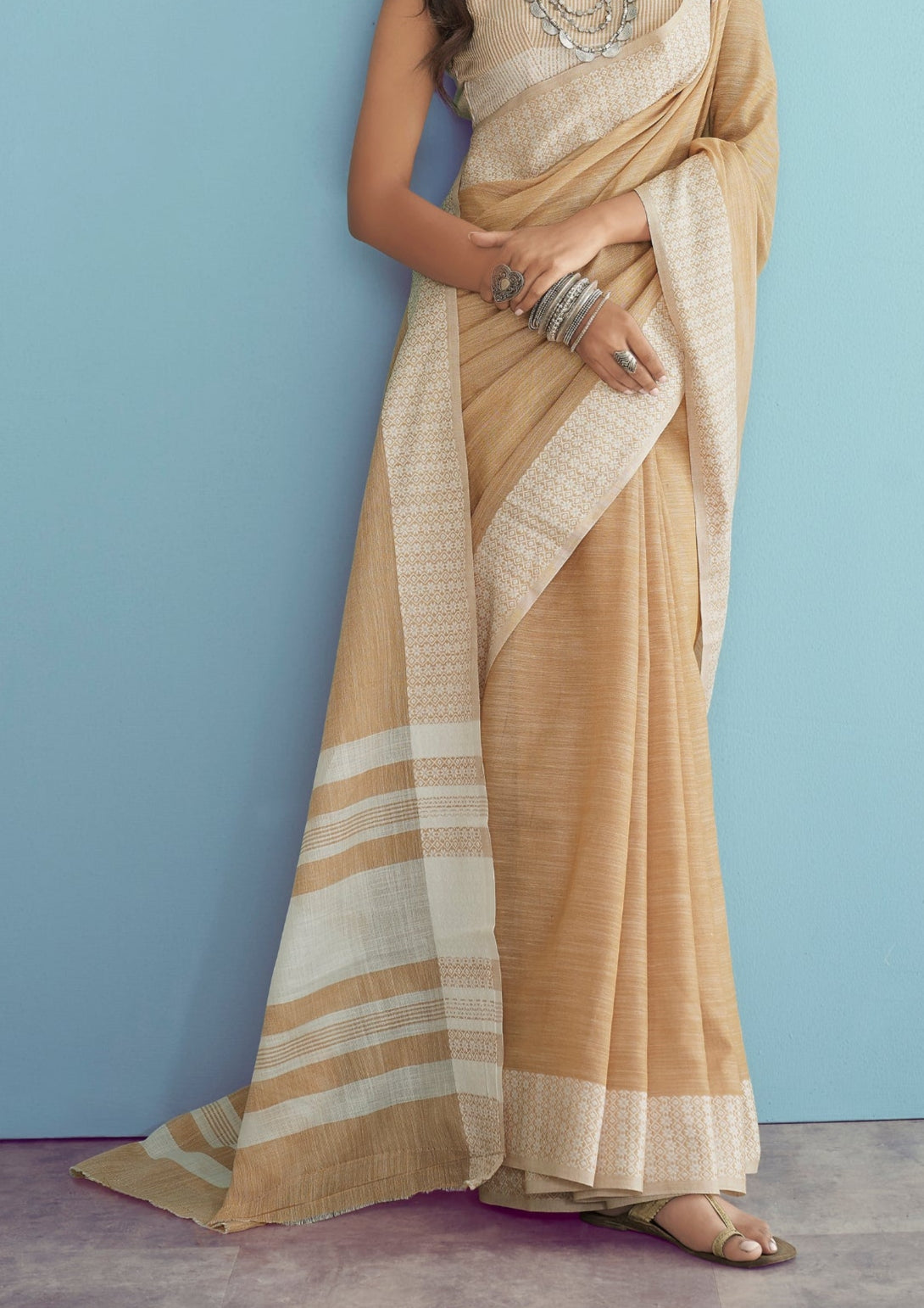 Linen Silk With Chikankari Weaved Border Mustard Yellow Saree