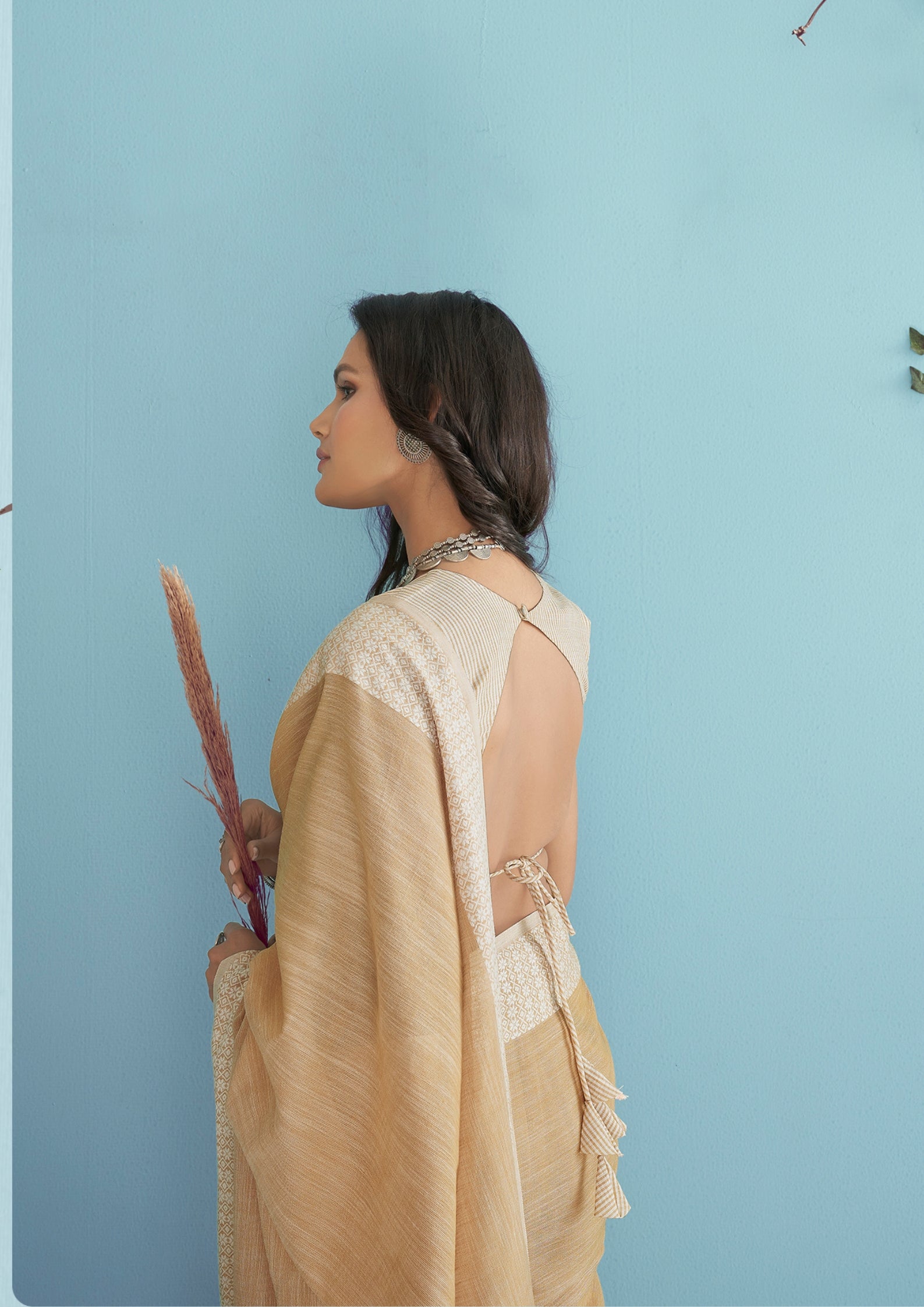 Linen Silk With Chikankari Weaved Border Mustard Yellow Saree