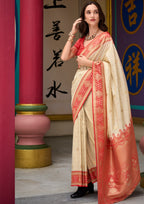 Kanjivaram Tissue Silk  Exotic Zari Work Red Border Off White Saree