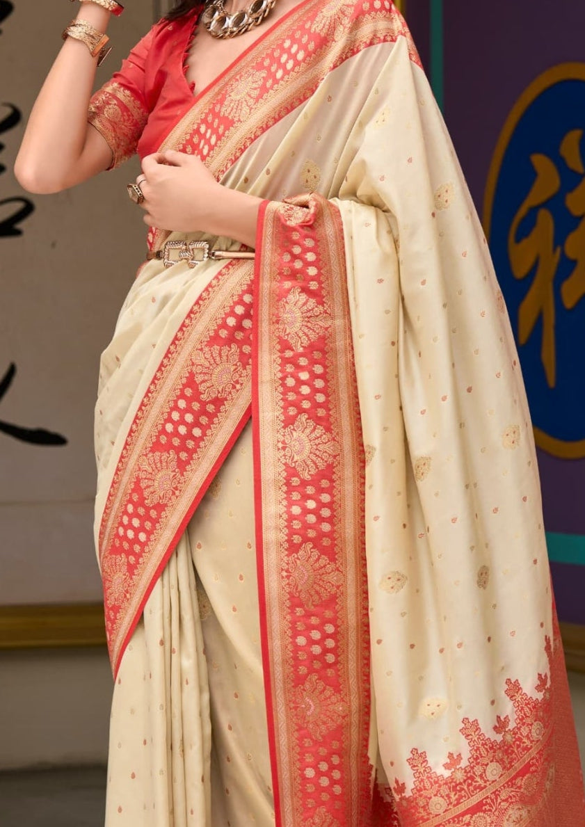 Kanjivaram Tissue Silk  Exotic Zari Work Red Border Off White Saree