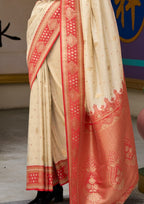 Kanjivaram Tissue Silk  Exotic Zari Work Red Border Off White Saree