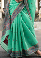 Soft Linen Cotton Mint Green Saree with a Pink Border