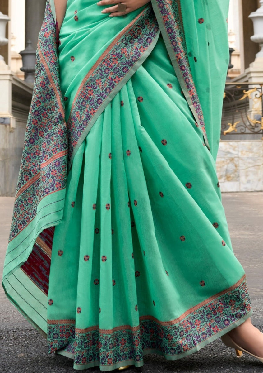 Soft Linen Cotton Mint Green Saree with a Pink Border