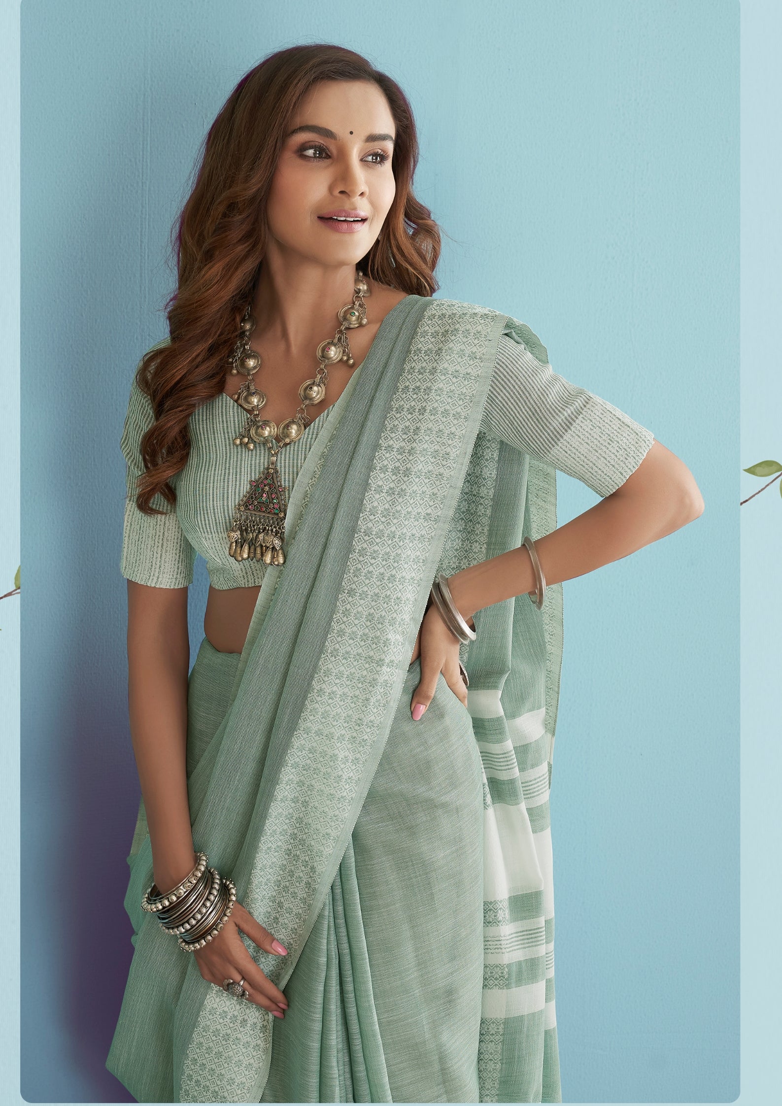 Linen Silk With Chikankari Weaved Border Pastel Green Saree