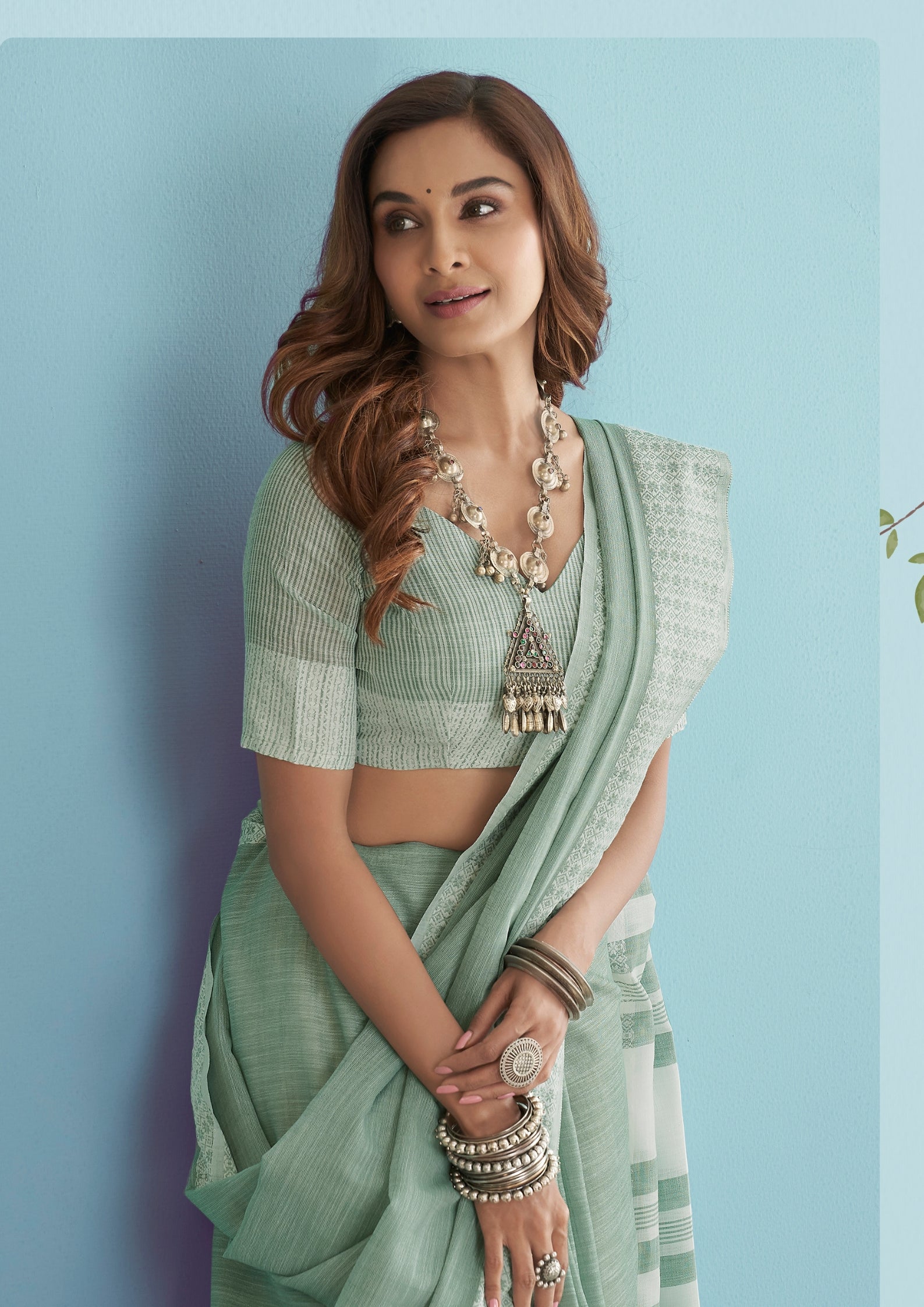 Linen Silk With Chikankari Weaved Border Pastel Green Saree
